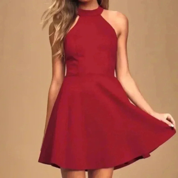Lulus Hometown Girl Red Wine Lace Skater Mini Dress Halter Open Back | size XL - Picture 1 of 11